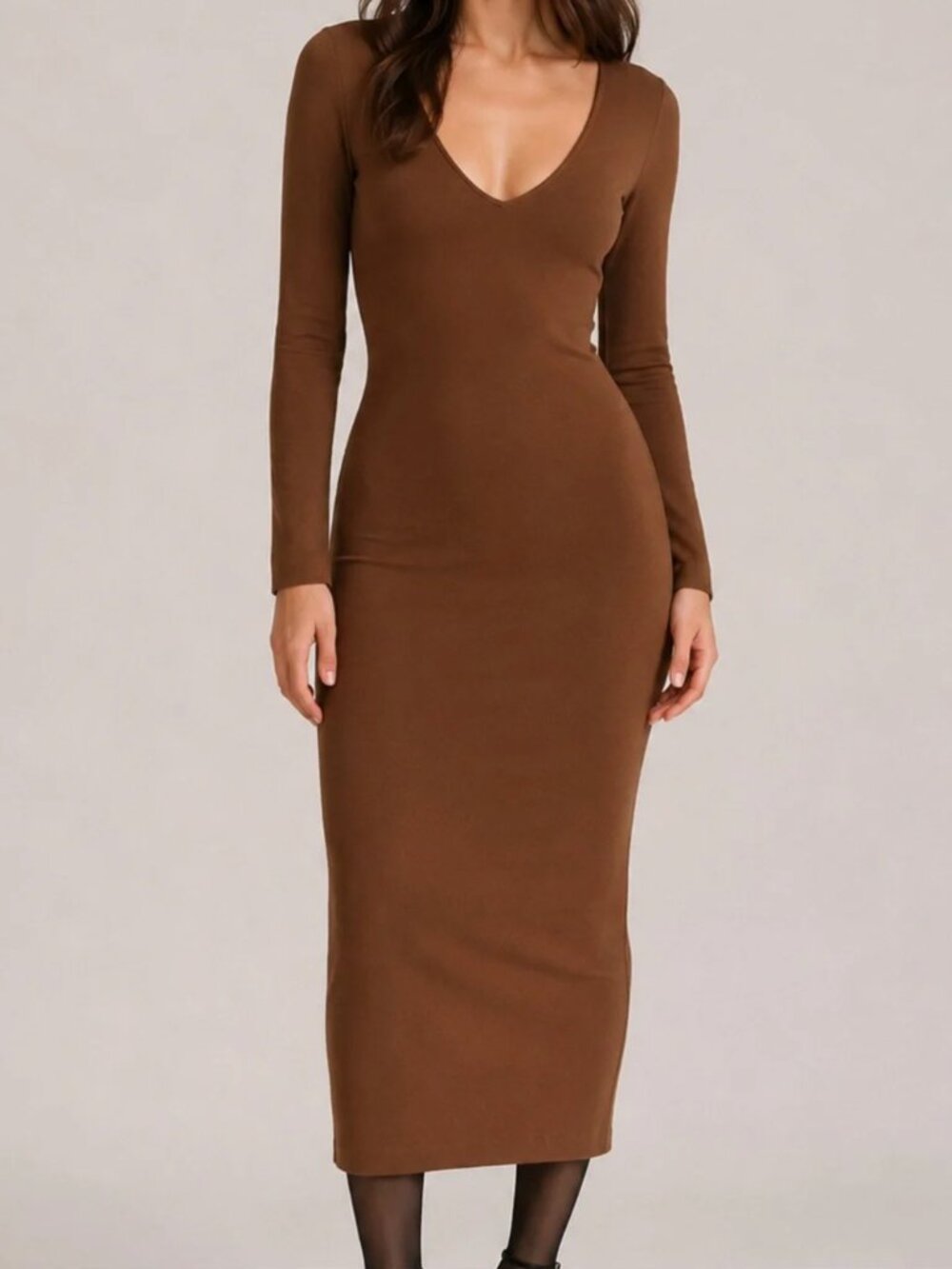 Wilfred Aritzia Instinct V-Neck Long Sleeve Ribbed Midi Bodycon Dress Brown, XS